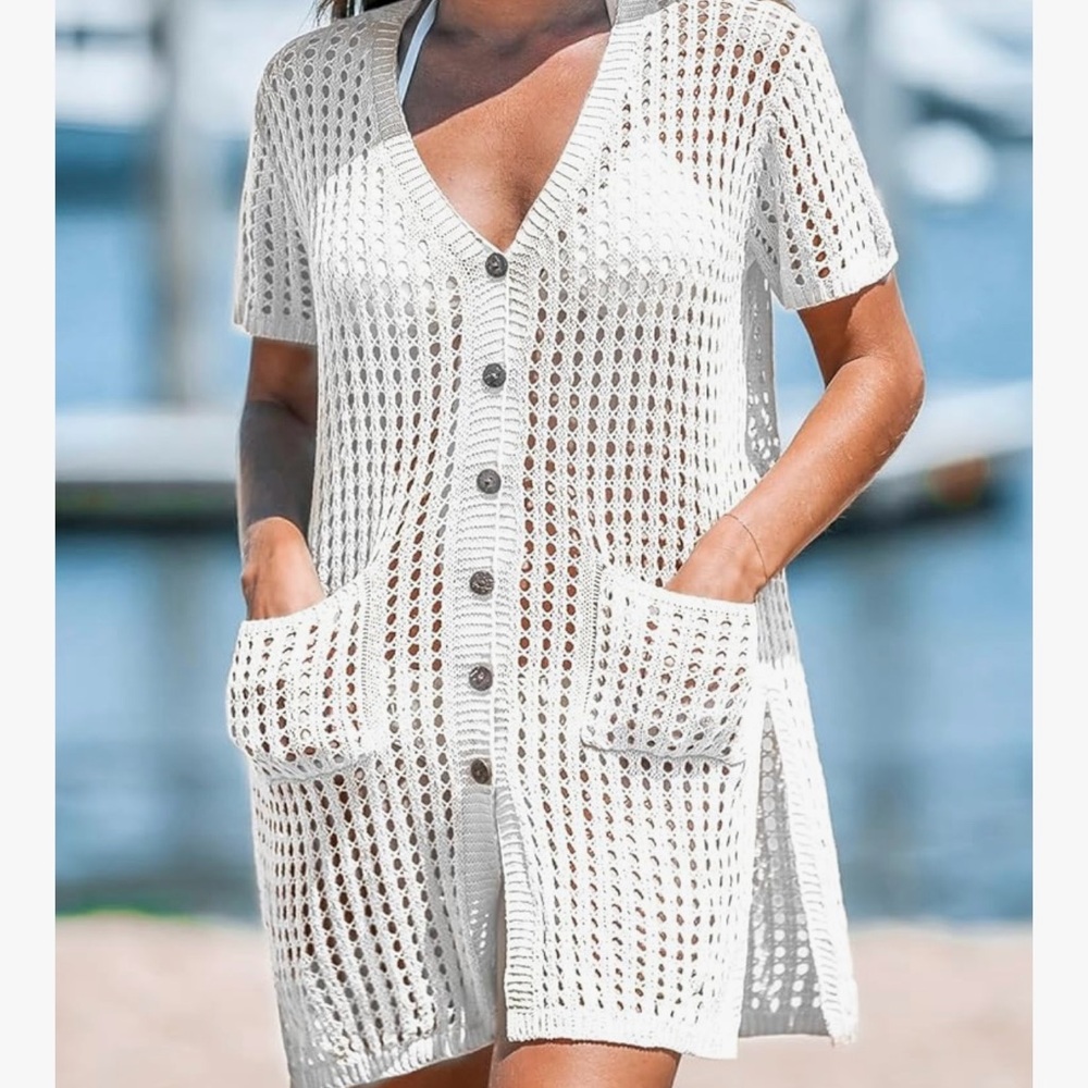 Cupshe White Crochet Swim Coverup V-Neck